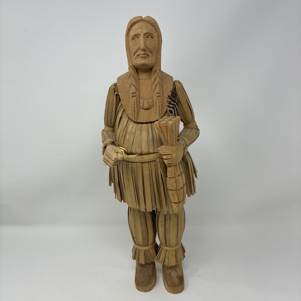 Carved Wood Straw Figure Native American Fishing Thanksgiving Corn Husk Art 16"